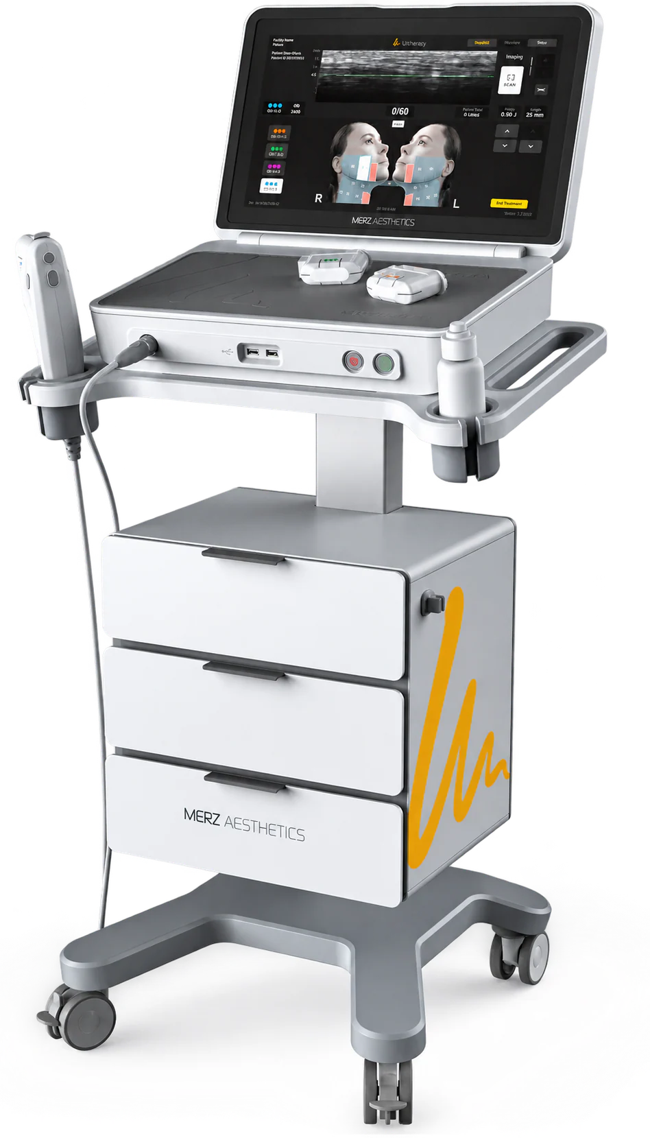 The Ultherapy PRIME platform, with imaging display, transducers and handpiece on a mobile cart