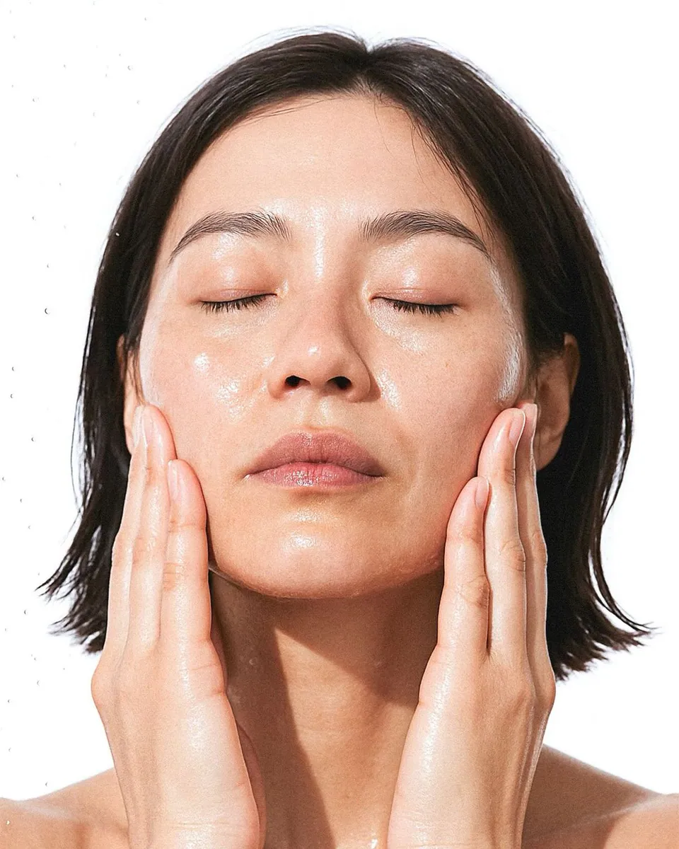 A woman cleansing her face, eyes closed, during a deep cleansing facial