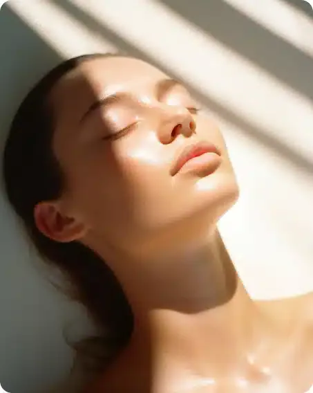 A woman with her eyes closed, her face and neck in warm sunlight