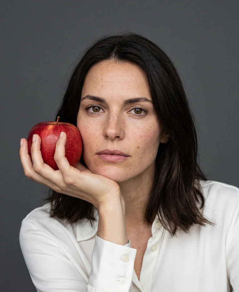 A woman holding a red apple against her cheek