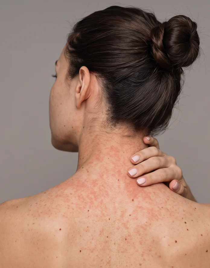 A woman seen from behind, hand at her neck, with a red rash across her upper back